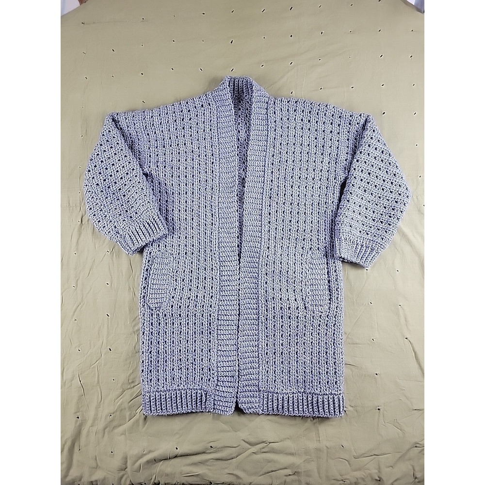 Vintage Handmade Crochet Cardigan Sweater Women Open Front Gray Chunky Knit L XL